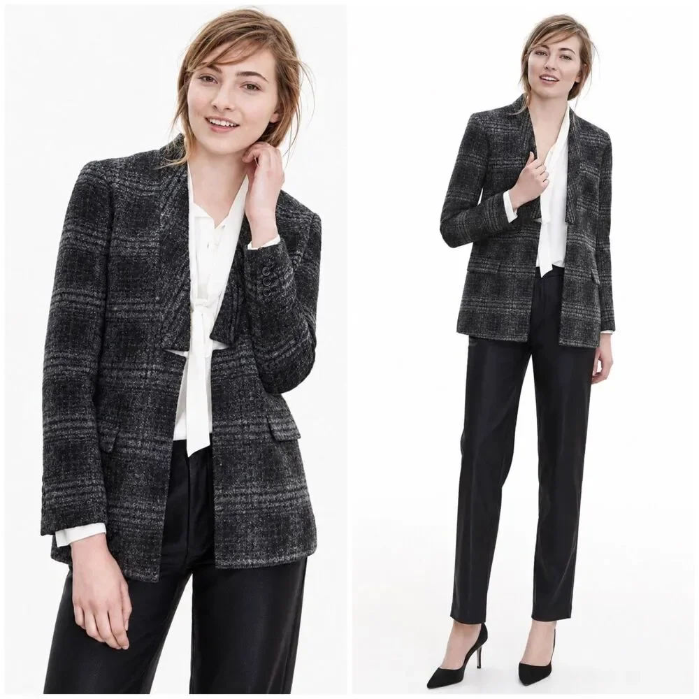 Banana Republic Brushed Charcoal Plaid Wool Blend Open Front Blazer